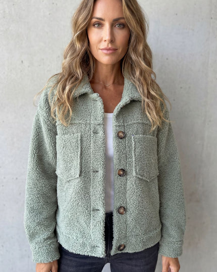 Women's Teddy Sherpa Fleece Button Up Collared Jacket