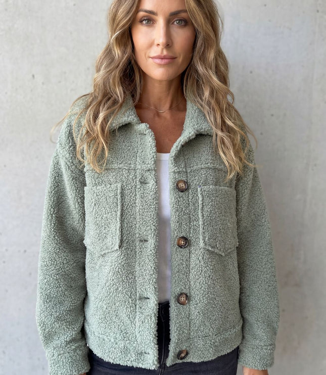 Women's Teddy Sherpa Fleece Button Up Collared Jacket
