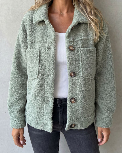 Women's Teddy Sherpa Fleece Button Up Collared Jacket