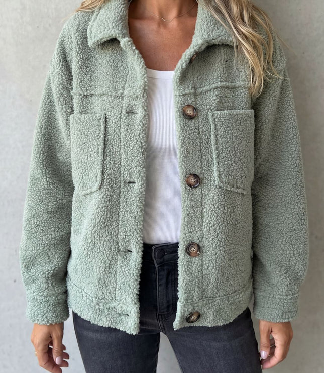 Women's Teddy Sherpa Fleece Button Up Collared Jacket