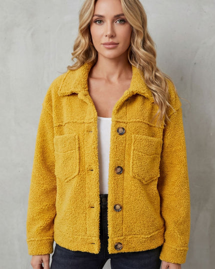 Women's Teddy Sherpa Fleece Button Up Collared Jacket