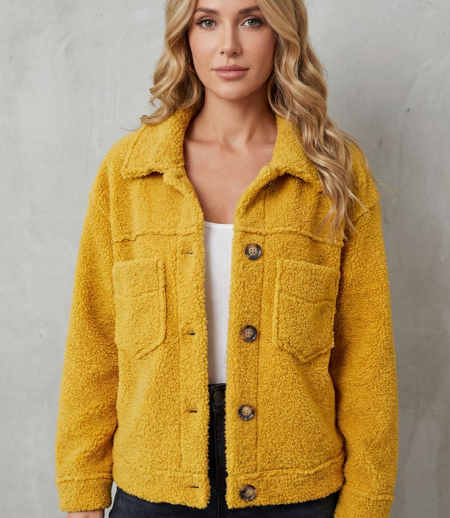 Women's Teddy Sherpa Fleece Button Up Collared Jacket