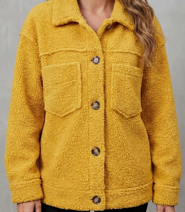 Women's Teddy Sherpa Fleece Button Up Collared Jacket