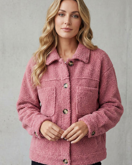 Women's Teddy Sherpa Fleece Button Up Collared Jacket