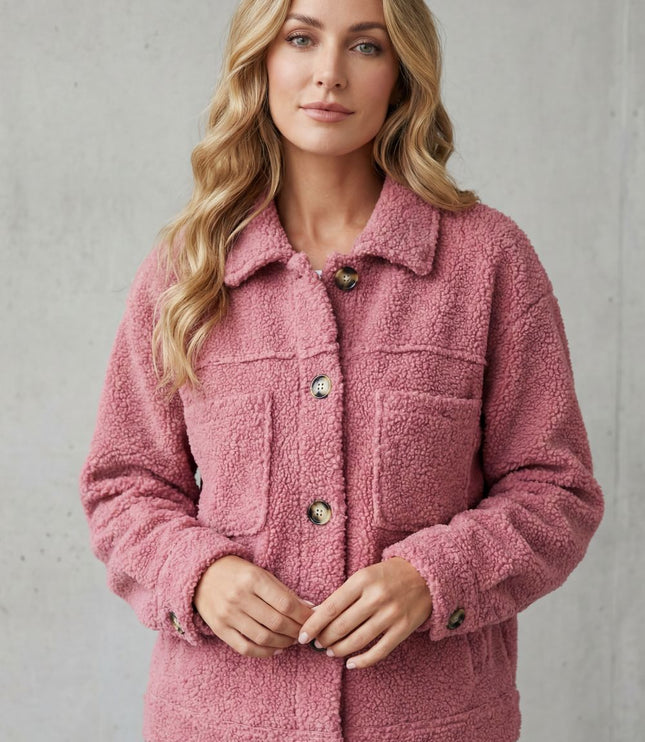 Women's Teddy Sherpa Fleece Button Up Collared Jacket