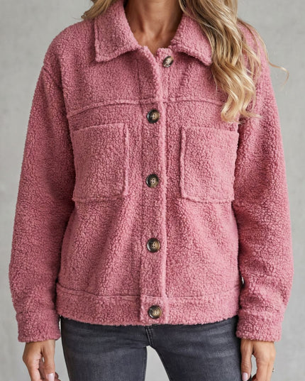 Women's Teddy Sherpa Fleece Button Up Collared Jacket