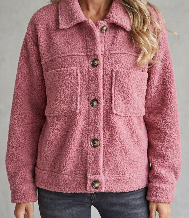 Women's Teddy Sherpa Fleece Button Up Collared Jacket