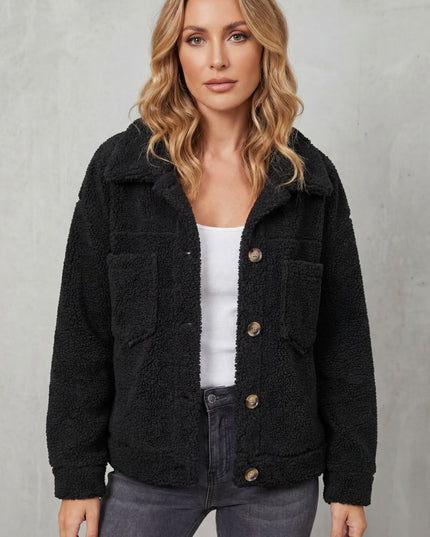 Women's Teddy Sherpa Fleece Button Up Collared Jacket