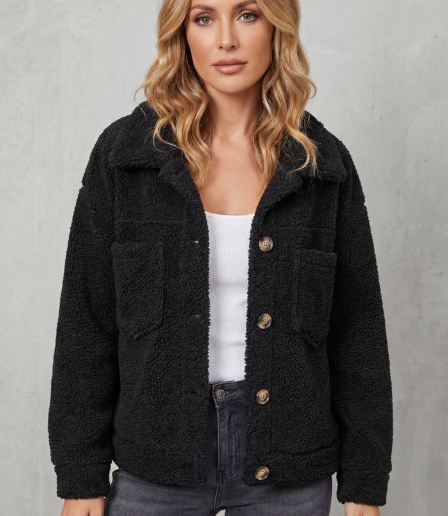 Women's Teddy Sherpa Fleece Button Up Collared Jacket