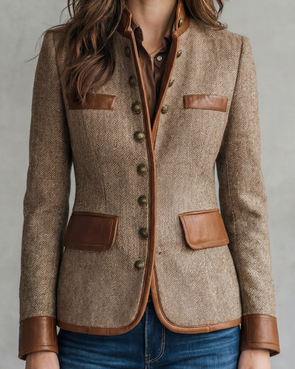 Women's Textured Faux Leather Trim Tailored Blazer