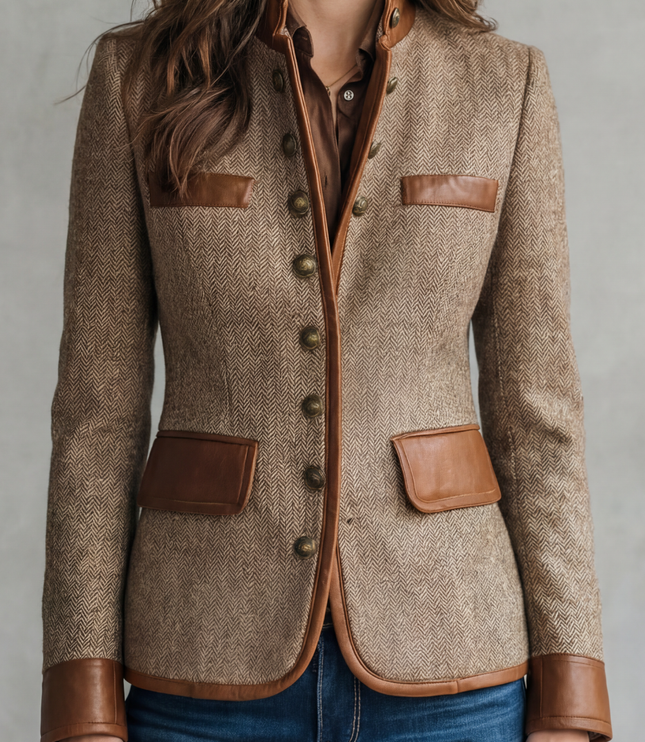 Women's Textured Faux Leather Trim Tailored Blazer