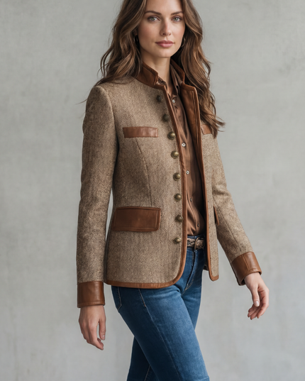 Women's Textured Faux Leather Trim Tailored Blazer