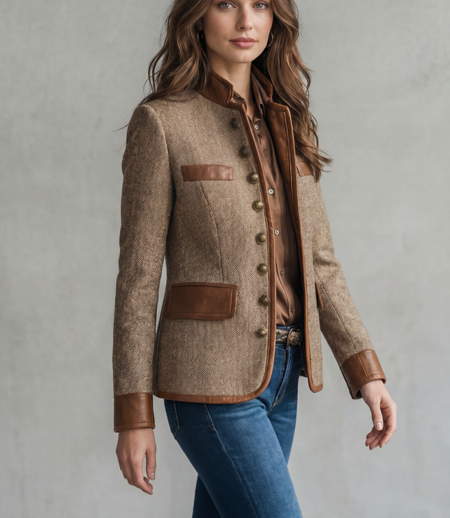 Women's Textured Faux Leather Trim Tailored Blazer
