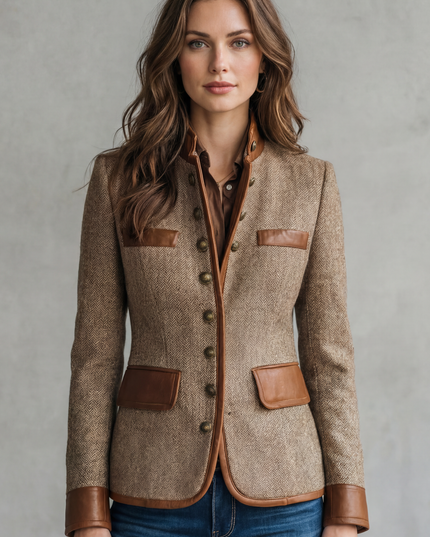 Women's Textured Faux Leather Trim Tailored Blazer