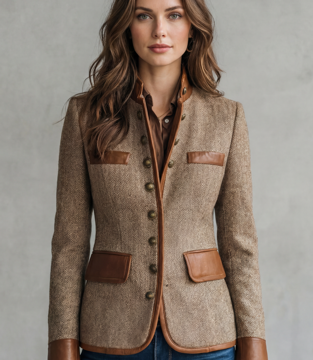 Women's Textured Faux Leather Trim Tailored Blazer