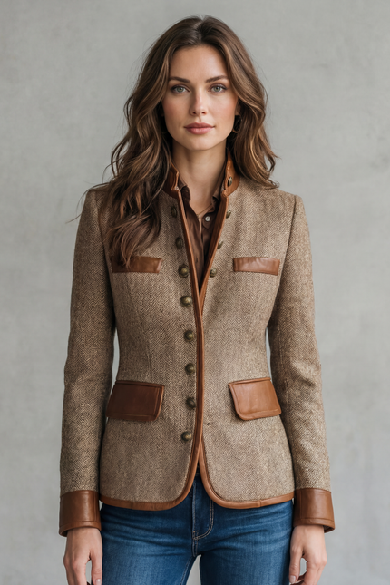 Women's Textured Faux Leather Trim Tailored Blazer