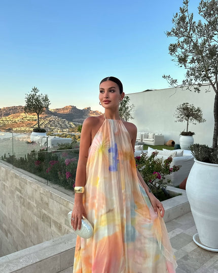 Women's Tie-Dye Print Gown with an Open Back