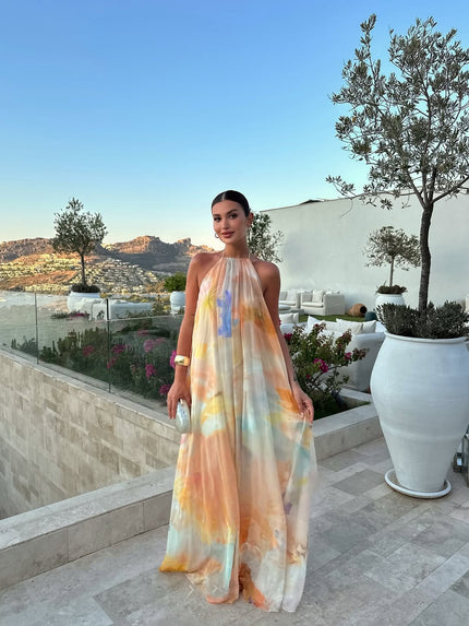 Women's Tie-Dye Print Gown with an Open Back