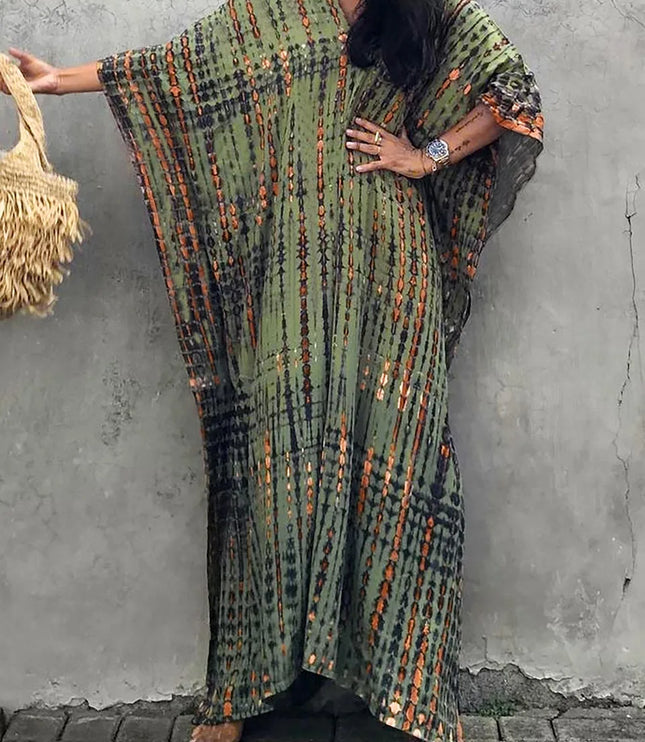 Olive green tie dye maxi dress with orange stripes, wide sleeves, and relaxed fit