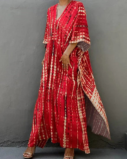 Red tie dye maxi dress with V-neck and draped wide sleeves for a breezy summer dress look