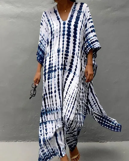 White and navy tie dye maxi dress with deep V-neck and flowing loose fit summer dress