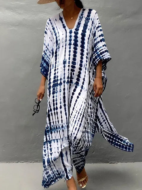 White and navy tie dye maxi dress with deep V-neck and flowing loose fit summer dress