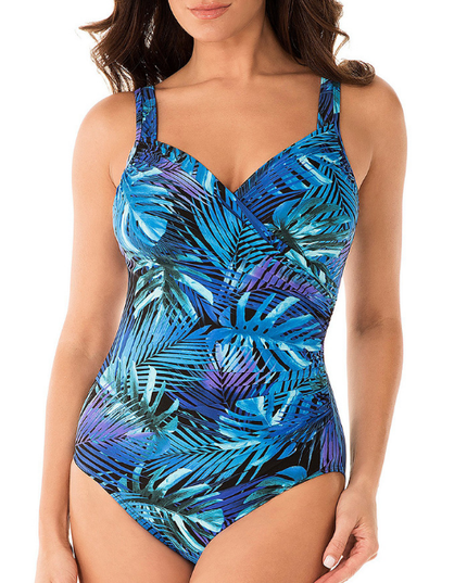 Blue and purple tropical print bathing suit women with V neck and wide shoulder straps