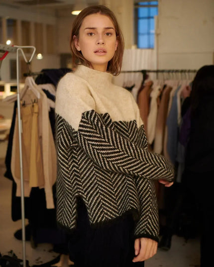 Women's Turtleneck Sweater in a Chevron Knit with a Color-Block Yoke