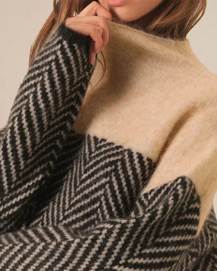 Women's Turtleneck Sweater in a Chevron Knit with a Color-Block Yoke