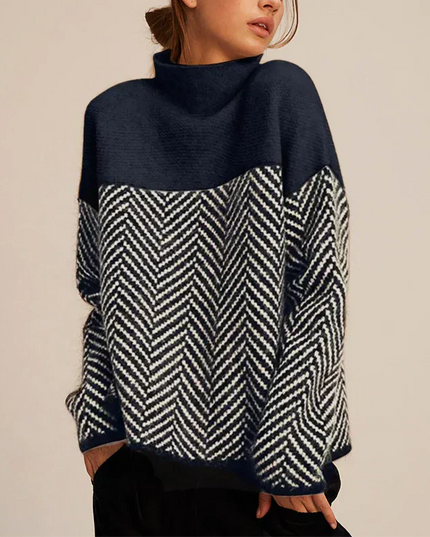 Women's Turtleneck Sweater in a Chevron Knit with a Color-Block Yoke