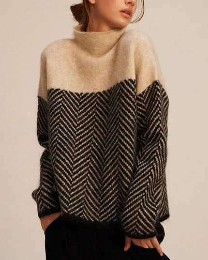 Women's Turtleneck Sweater in a Chevron Knit with a Color-Block Yoke