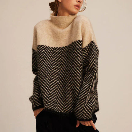 Women's Turtleneck Sweater in a Chevron Knit with a Color-Block Yoke