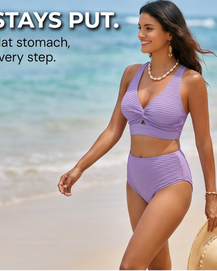 Women's Twist Front High Waist Ribbed Bikini Set