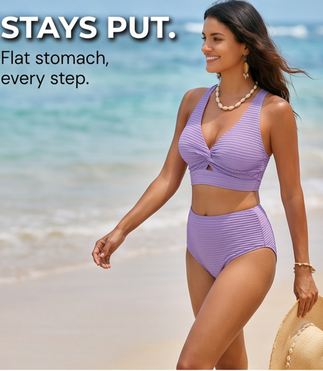 Women's Twist Front High Waist Ribbed Bikini Set