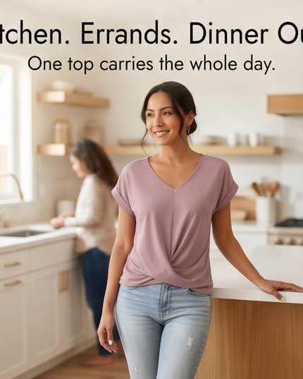 Women's Twist Knot Front V-Neck Cap Sleeve Top