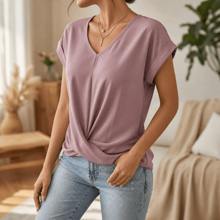 Women's Twist Knot Front V-Neck Cap Sleeve Top