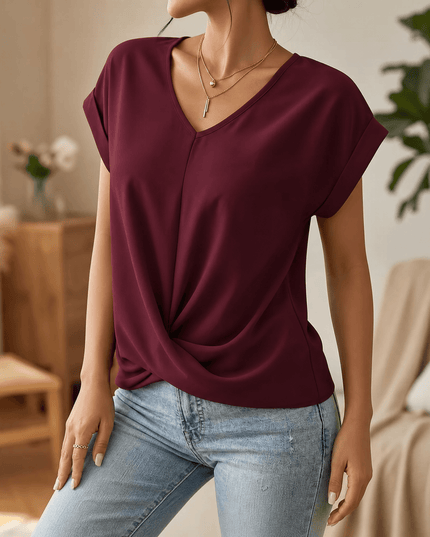 Women's Twist Knot Front V-Neck Cap Sleeve Top