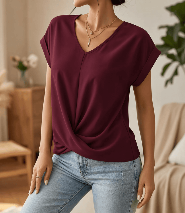 Women's Twist Knot Front V-Neck Cap Sleeve Top