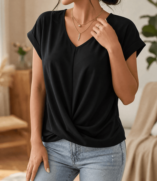 Women's Twist Knot Front V-Neck Cap Sleeve Top