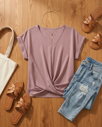 Women's Twist Knot Front V-Neck Cap Sleeve Top