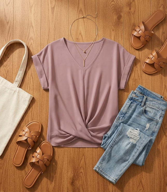 Women's Twist Knot Front V-Neck Cap Sleeve Top