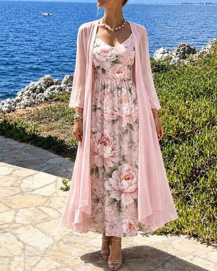 Women's Two-Piece Sheer Duster and Floral Maxi Dress