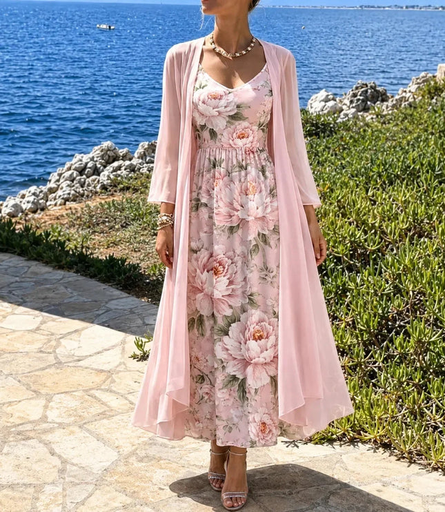 Women's Two-Piece Sheer Duster and Floral Maxi Dress