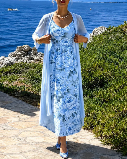 Women's Two-Piece Sheer Duster and Floral Maxi Dress