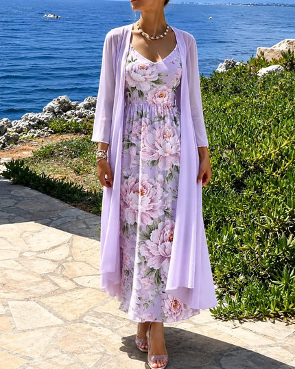 Women's Two-Piece Sheer Duster and Floral Maxi Dress