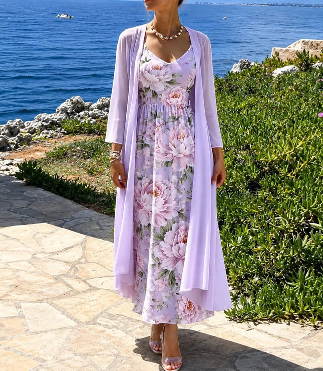 Women's Two-Piece Sheer Duster and Floral Maxi Dress