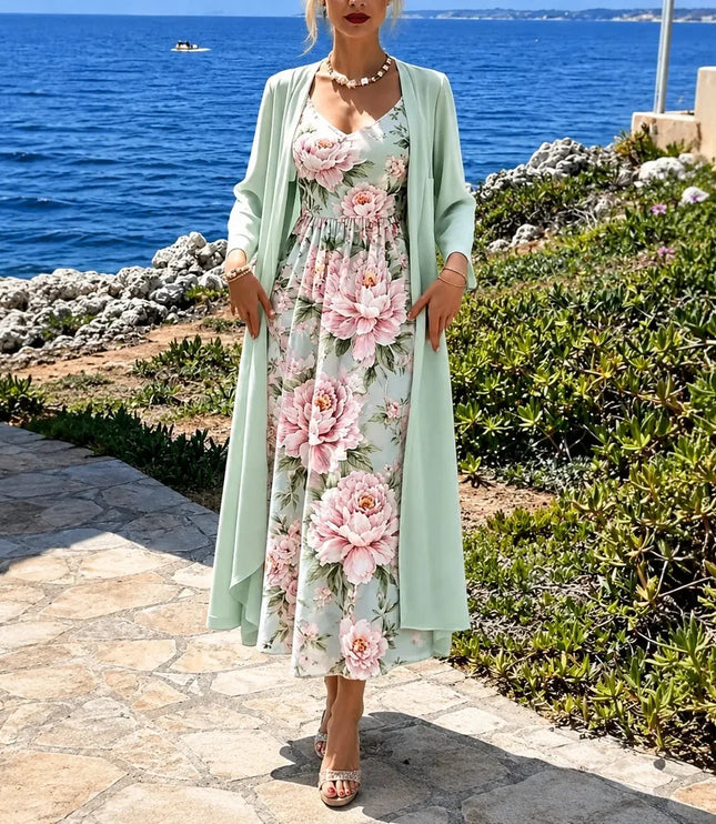 Women's Two-Piece Sheer Duster and Floral Maxi Dress