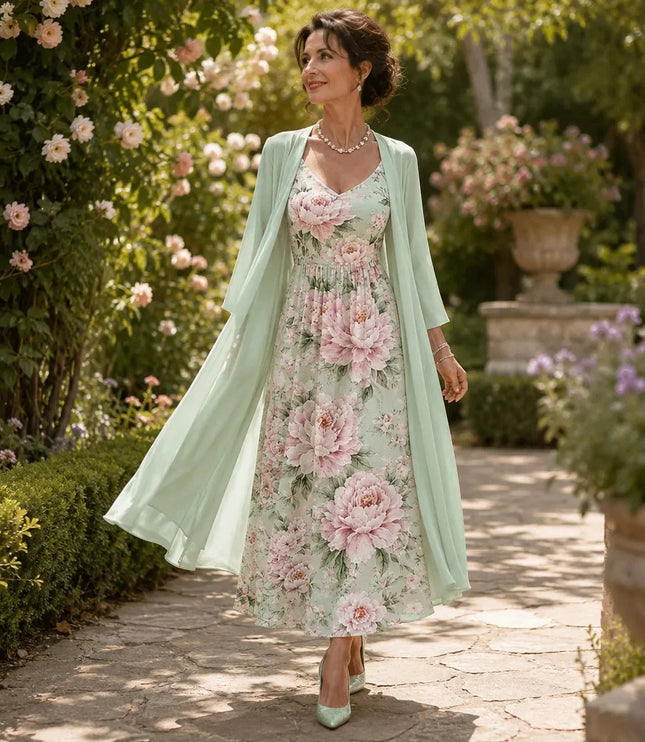 Women's Two-Piece Sheer Duster and Floral Maxi Dress