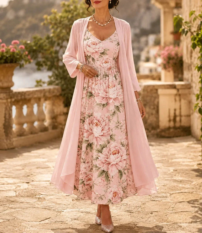 Women's Two-Piece Sheer Duster and Floral Maxi Dress