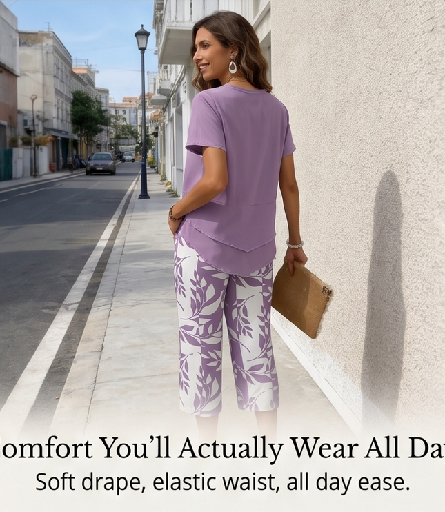 Women's Two-Piece Tunic Top and Wide Leg Pants Set